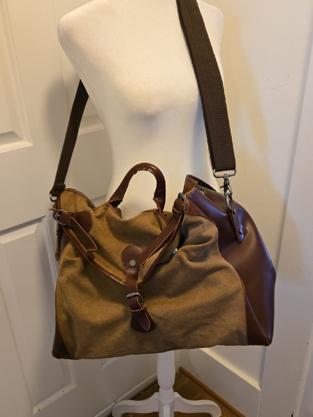Jesslyn Blake Anthropologie Tan/Brown Canvas Duffel with Brown Leather Trim